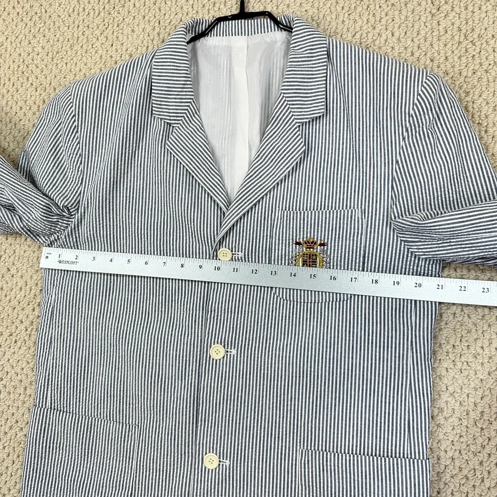 Vtg Toppe Sportscoat Mens L Blue/White Seersucker Jacket Blazer Embroider Crest